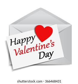 Happy Valentine's Day message and text on note paper with a red heart shaped paper on a mail envelope EPS 10 vector illustration on white background.