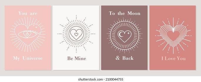 Happy Valentine's day minimalist card set in bohemian style. Linear flat style geometric vector illustration for logo, print, banner, invitation. Vintage elegant Valentine's day background with hearts