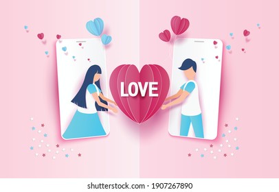 Happy Valentine's day in mobile phone concept background. Love Festival design concept, greetings Valentine's day, Paper cut design, text, banner, website, brochure, illustrations eps10.