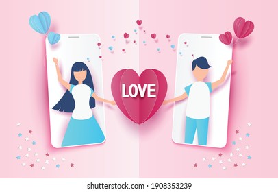 Herzlichen Glückwunsch zum Valentinstag auf dem Hintergrund des Mobiltelefonkonzepts. Love Festival Design Konzept, Grüße Valentinstag, Papier Schnitt-Design, Text, Banner, Website, Broschüre, Illustrationen eps10.