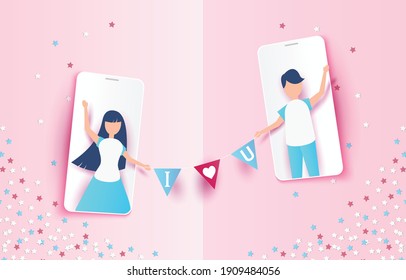 Happy Valentine's day in mobile phone concept background. Love Festival design concept,greetings Valentine's day, Paper cut design, text, banner, website, brochure, illustrations eps10.