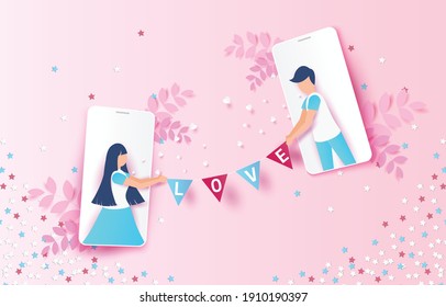 Happy Valentine's day in mobile phone concept background. Love Festival design concept,greetings Valentine's day, Paper cut design, text, banner, website, brochure, illustrations eps10.