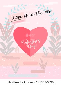 Happy Valentine's Day Modern Abstract Poster, Flat ART Design, "Love is in the Air!" Enamored couple, Love concept, Spring Garden landscape, decorative flowers, hearts - cut paper, pattern