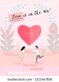Happy Valentine's Day Modern Abstract Poster, Flat ART Design, "Love is in the Air!" Enamored couple, young man and woman on Spring Garden landscape, decorative flowers, hearts - cut paper, pattern