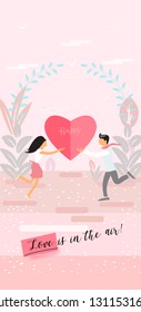 Happy Valentine's Day Modern Abstract Poster, Flat ART Design, "Love is in the Air!" Enamored couple, young man and woman on Spring Garden landscape, decorative flowers, hearts - cut paper, pattern
