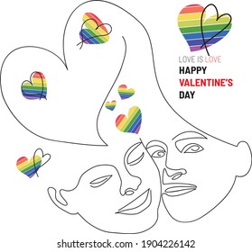 A Happy Valentine's Day. Modern abstract faces portrait of two women putting their faces together, with hearts filled with the lgtb flag. Contemporary female silhouettes. Hand drawn fashion vector