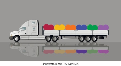 Happy Valentine's Day. A modern American truck with a semi-trailer carries red hearts for the holiday. Reflection on the ground.