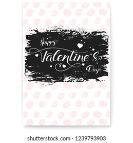 Happy Valentines day. Modern cover, greetings poster in pink color. Calligraphy in vintage, hipster style. Hand-drawn text lettering, brush strokes and doodle. Template for invitation, wedding cards.