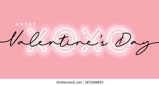 Happy Valentines Day. Modern design with calligraphy and neon lighting text XoXo on pink background. Vector illustration for greeting card, banner, poster or flyer design, social media and fashion ads