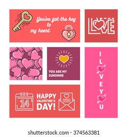 Happy Valentine's Day modern flat thin line greeting card web banner template. Heart seamless pattern. Love expression concept. Stroke vector illustration. Romance, emotion, passion, feeling, dating