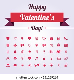 Happy Valentine's Day: Modern Flat Icons include elements: heart, diamond, present, wine, rose, lips, love, letters. Pink icon on white background for card, wedding invitation, web, mobile app.