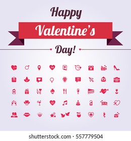 Happy Valentine's Day: Modern Flat Icons include elements: heart, diamond, gift, wine, love, letters. Pink icon on bright background for card, wedding invitation, mobile application