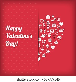 Happy Valentine's Day: Modern Flat Icons include elements: heart, diamond, gift, wine, love, letters. White icon on red background for card, wedding invitation, mobile application