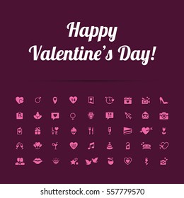 Happy Valentine's Day: Modern Flat Icons include elements: heart, diamond, gift, wine, love, letters. Pink icon on purple background for card, wedding invitation, mobile application