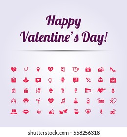 Happy Valentine's Day: Modern Flat Icons include elements: heart, diamond, present, wine, rose, lips, love, letters. Pink icon on bright background for card, wedding invitation, web, mobile app.