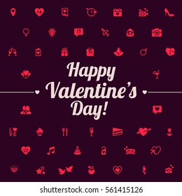 Happy Valentine's Day. Modern Flat Icons include elements: heart, diamond, present, wine, rose, lips, love, letters. Pink icon on dark background for card, wedding invitation, web, mobile app.