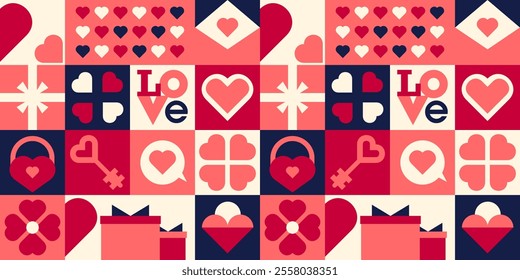 Happy Valentine's Day modern geometric pattern. Minimalistic design with simple shapes, hearts, love message, gifts, love. Fashionable pattern for background, card, cover, poster,wallpaper, packaging.