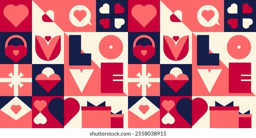 Happy Valentine's Day modern geometric pattern. Minimalistic design with simple shapes, hearts, flowers, gifts,letters.Fashionable pattern for background, postcard, cover, poster, wallpaper,packaging.