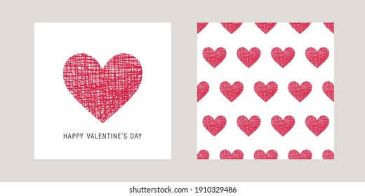 Happy Valentine's Day. Modern Greeting card and seamless pattern with red hearts for Valentine's Day, birthday, Mother's Day, wedding. Vector illustration.