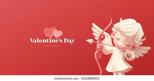 Happy Valentine's Day. Modern red banner with 3D cute cupid shooting arrows of love from a bow. For love, gift concepts. Vector