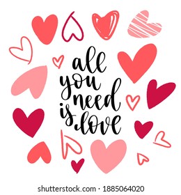 Happy Valentine's Day. Modern style calligraphy phrase. Hand drawn decorative elements and brush lettering quote.Concept for cards, leaflets or banners. Vector isolated illustration.