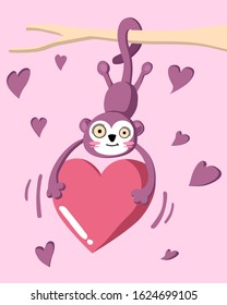 Happy Valentine's Day with monkey hanging on a branch, Valentines card and poster