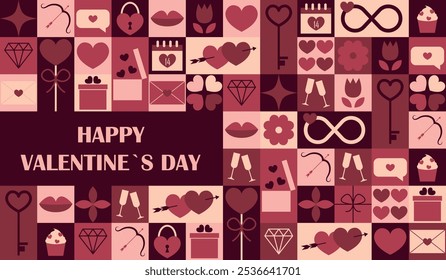 Happy Valentine`s Day mosaic banner. Horizontal poster, greeting card, header for website. Modern neo geometric abstract background. Vector illustration