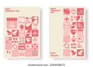Happy Valentines Day Mosaic Geometric Posters templates of abstract geometric shape and text. Creative concept of Happy Valentines Day. Vector Background of icons with symbol of love.
