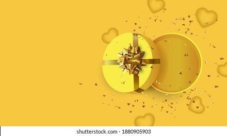 Happy Valentine's Day or Mother's day card. Yellow Greeting card. Festive gifts box. Romantic banner.