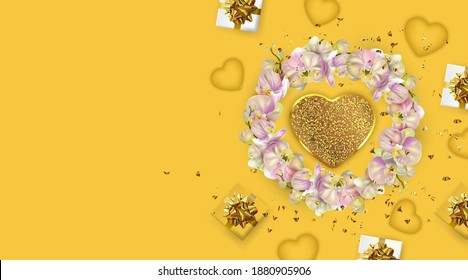 Happy Valentine's Day or Mother's day card. Yellow Greeting card. Festive gifts box. Romantic banner.