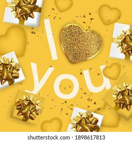 Happy Valentine's Day or Mother's day card. Yellow Greeting card. Festive gifts box. Romantic banner.	
