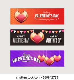 Happy Valentine's Day Multicolored Postcard Set. Typographic Text, Web Banner Celebration Design. Greeting Card, Vector Elements Background or Horizontal Flyer, Poster Collection