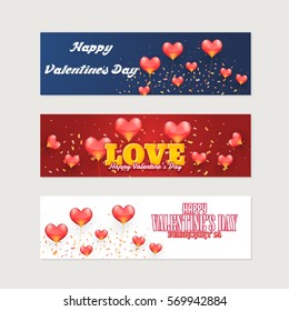 Happy Valentine's Day Multicolored Postcard Set. Typographic Text, Web Banner Celebration Design. Greeting Card, Vector Elements Background or Horizontal Flyer, Poster Collection