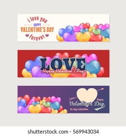 Happy Valentine's Day Multicolored Postcard Set. Typographic Text, Web Banner Celebration Design. Greeting Card, Vector Elements Background or Horizontal Flyer, Poster Collection
