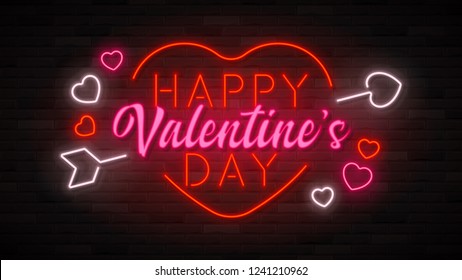 Happy Valentine's Day neon background. Color card design with 3d glowing neon letters, arrow and hearts. Vector illustration with light banner.