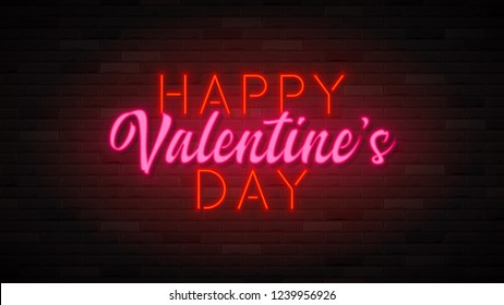 Happy Valentine's Day neon banner. Color card design with 3d glowing neon letters. Vector illustration with light banner.