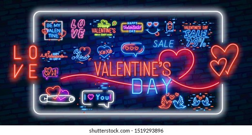 Happy Valentine's Day neon banner. Color card design with 3d glowing neon letters. Vector illustration with light banner. Valentine's day. 3d neon sign. Realistic neon sign. Love day banner