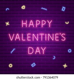 Happy Valentine's Day. Neon Glowing Text. 80s Retro banner template. Night club electric light signboard. Dark brick wall background. Vector illustration. Party invitation, poster, flyer, wallpaper.