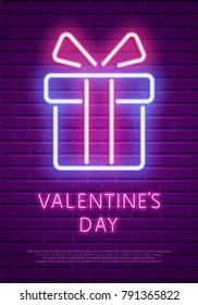 Happy Valentine's Day. Neon Glowing Text. 80s Retro banner template. Night club electric light signboard. Dark brick wall background. Vector illustration. Party invitation, poster, flyer, wallpaper.