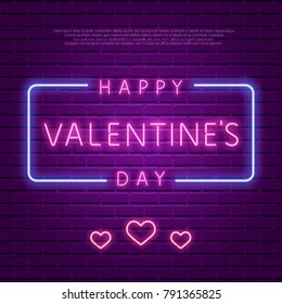 Happy Valentine's Day. Neon Glowing Text. 80s Retro banner template. Night club electric light signboard. Dark brick wall background. Vector illustration. Party invitation, poster, flyer, wallpaper.