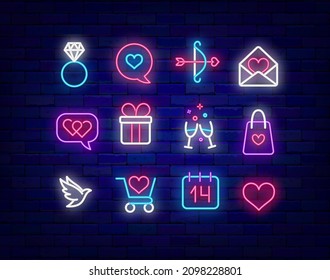 Happy Valentines day neon icon set. Heart and store trolley. Romantic dialog. Holiday sale. Wedding design. Night bright sign. Outer glowing effect collection. Isolated vector stock illustration