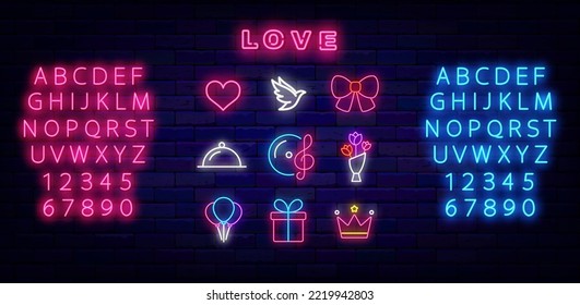 Happy Valentines day neon icons collection. Love word. Romantic dinner and music. Heart, dove and present. Balloon and flowers. Bright advertising. Glowing pink and blue alphabet. Vector illustration