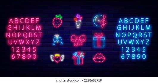 Happy Valentines Day neon icons collection. Light pink and blue alphabet. Bow, strawberry and music. Holiday february celebration. Present, woman lips and flowers. Vector stock illustration