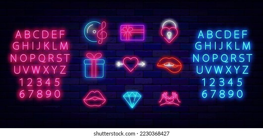 Happy Valentines Day neon icons collection. Luminous pink and blue alphabet. Lips, music and diamond. Holiday february celebration. Present, lock and hands. Vector stock illustration