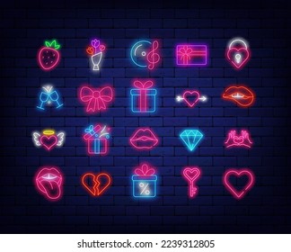 Happy Valentines Day neon icons bundle. Glowing symbols. Holiday february celebration. Heart, diamond and bow. Strawberry and woman lips. Flowers, lock and key. Vector stock illustration