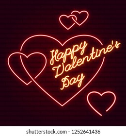 happy valentine's day neon inscription among cute hearts