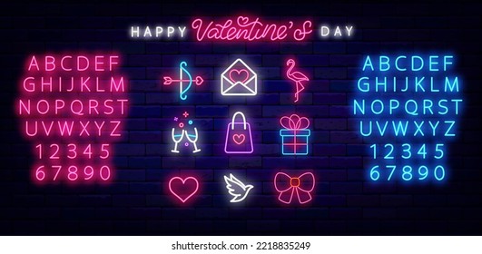 Happy Valentines day neon inscription. Romantic icon collection. Heart, gift and flamingo. Amour arrow, bow and dove. Bright advertising. Glowing pink and blue alphabet. Vector stock illustration