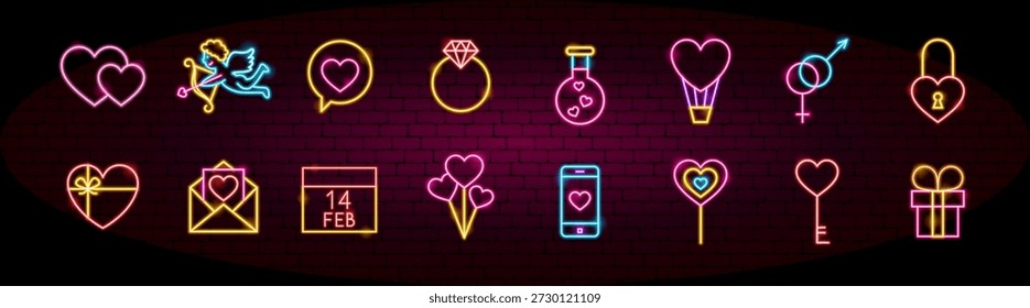 Happy Valentines Day Neon Objects. Vector Illustration of Glowing Led Lamp Love Romance Holiday Icons. Big Symbols Set. Heart, Wedding, Couple.