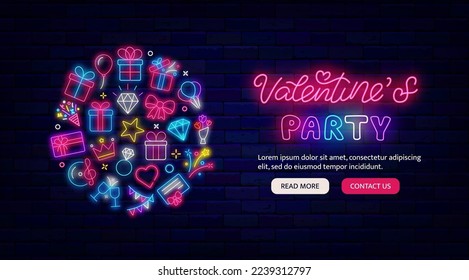 Happy Valentines Day neon poster. Website landing page template. Glowing circle layout with romantic icons. Holiday celebration advertising. Heart, bow and diamond. Vector stock illustration