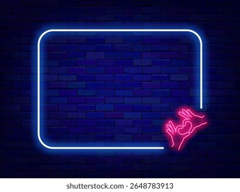 Happy Valentines day neon poster. Two hands with heart pose. February shopping and party. Vector stock illustration